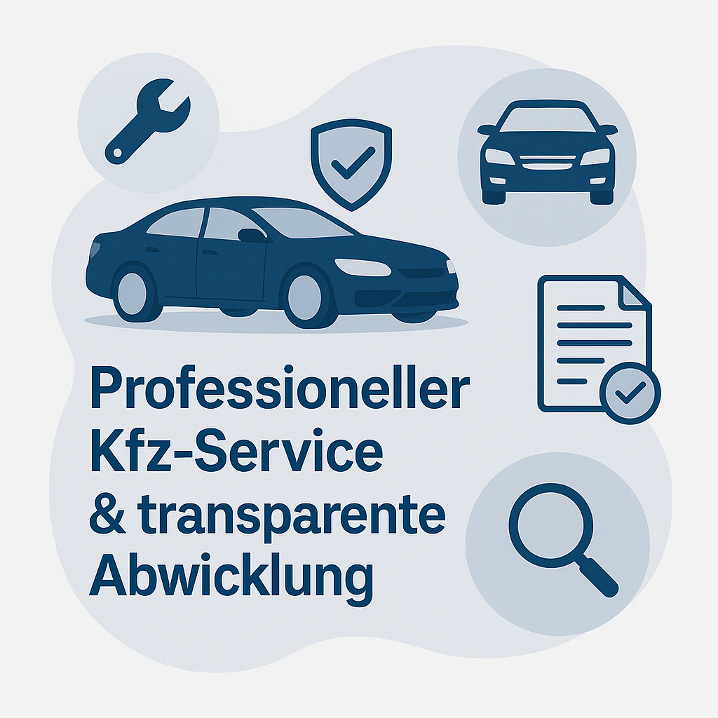 Grafische Darstellung eines Autos mit Symbolen für Service, Prüfung und Dokumentation – Sinnbild für professionellen Kfz-Service und transparente Abwicklung in Burgdorf.